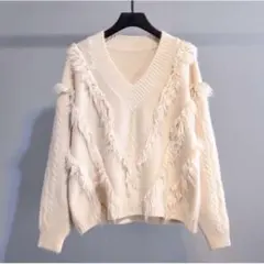 秋服 秋ニット フリンジ Vネック デザインニット アイボリー オフホワイト