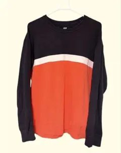 ユニクロ メンズ 長袖Tシャツ ロンT ボーダー柄 ブラック オレンジ