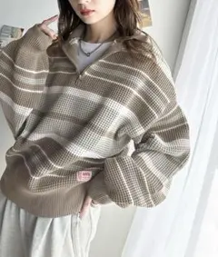 JaVaコラボ　マルチボーダー軽量ワッフルハーフジップオーバーサイズニット