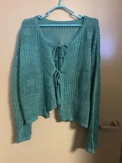 ターコイズ 透かし編み 長袖カーディガン