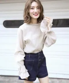 Heather　プチフリル楊柳ブラウス(ライトグレー)