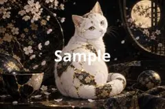 金継ぎ風の猫と桜 デジタルアート ポストカード