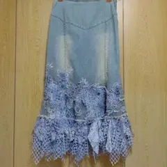 秋物 デニムレーストリムロングスカート