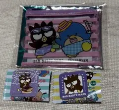 スシローはぴだんぶい　バットばつ丸&タキシードサムポーチ　バットばつ丸シール2種