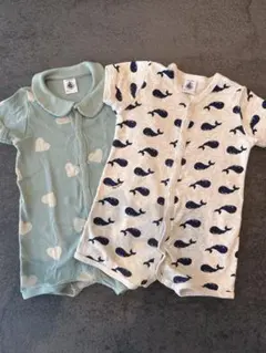 プチバトー　クジラ柄とハート柄ロンパース2点セット