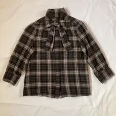 フェリシモ　フランネル七分袖ボウタイシャツ　LTサイズ　グレー×茶