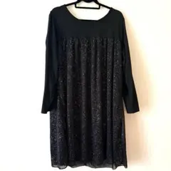 ゆったり大きいサイズ LL 伸縮性たっぷりなラメ入り黒長袖ワンピース