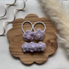 お花のハンドメイドヘアピン&ヘアゴムセット　ベビーキッズ　パープル