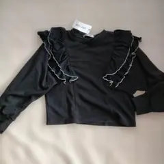 新品 黒 エレガント フリル付き長袖トップス ゆったり袖 M