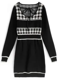 GRL ギンガムチェック柄配色ラインニットミニワンピース[ru1353]