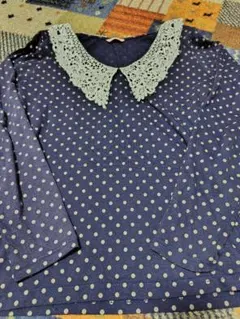 BEAMS　HEART　長袖　トップス　Tシャツ　ネイビー 水玉 レース襟