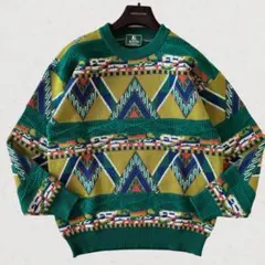 90s vintageモディリアーニ総柄3Dニットセーター クージー系 グリーン