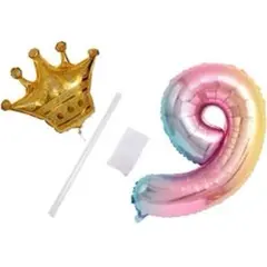風船９誕生日 バルーン 数字 パーティー 王冠 装飾 32インチ 大きい虹色