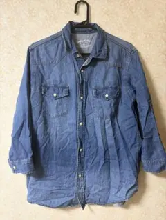 デニムブルー 長袖シャツ 2ポケット
