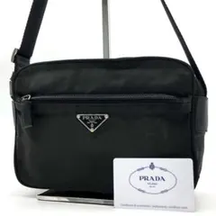 プラダ ショルダーバッグ 三角ロゴプレート シルバー金具 ナイロン レザー 黒