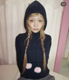 nugu haku ポンポンフードニットパーカー navy