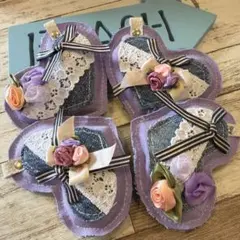 いちごパフェ☆様729ぷっくりハートキーホルダー4個セット　薔薇　リボン　レース いちごパフェ☆様745☆ぷっくりハートキーホルダー4個セット 薔薇