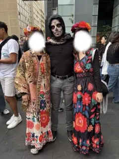 メキシコ死者の日　ロングワンピース ホワイト ブラック　ブルー3点とカチューシャ