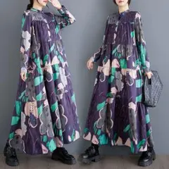 プリントワンピース 体型をカバー 着心地いい ロング丈 前ボタン カラフル