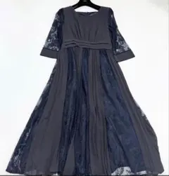 【美品】プリーツレース 7分袖ドレス 結婚式ワンピース　ネイビー　Lのサムネイル