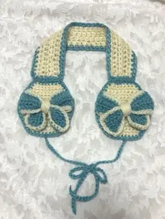 リボン付きイヤーマフ　ハンドメイド　ウィッシュコア　　手編み