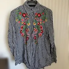 ZARA WOMAN ギンガムチェック 刺繍 長袖シャツ ブラウス 花柄