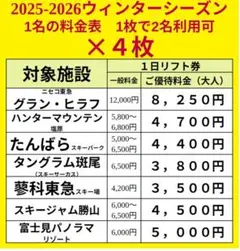 4枚セット1枚で大人2名可リフト券割引券ハンタマグランヒラフたんばら勝山他⑤