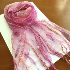 【未使用】ピンクシフォンストール フリンジ付き 花柄 春夏