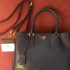 美品 PRADA サフィアーノ ハンドショルダートートバッグ ネイビーブルー黒