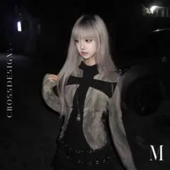 クロス柄 ストライプ TシャツY2K ヴィンテージ ロングスリーブ トップス　S