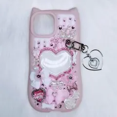 iPhone15ケース デコ電 デコケース ピンク 平成女児 猫耳 量産型