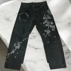 【限定品】禅ZEN 月手描き 桜花柄 ダークグレー デニム メンズ レディース
