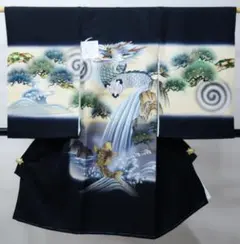 お宮参り 産着 男児 正絹 のしめ 着物 高級 羽二重 龍刺繍 龍 鯉 滝 黒地