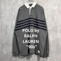 ポロラルフローレン90sラガーシャツXLグレーネイビーボーダー白襟POLO