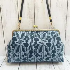 ラスト1点　フラワー柄　がま口バッグ　合皮ショルダー紐付き　ハンドメイド