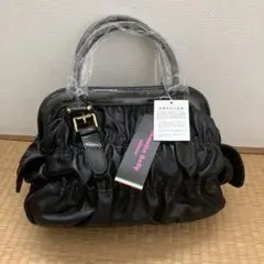 黒 レザー フリルデザイン ハンドバッグ