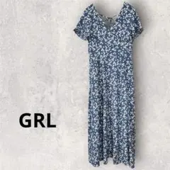 GRL 小花柄 カシュクール ワンピース マキシ丈 ブルー フレア 半袖
