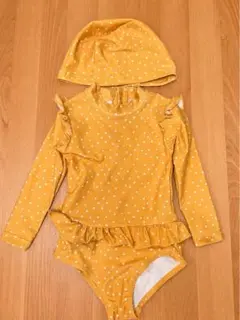 ベビー水着 女の子 長袖 ドット柄 帽子付き