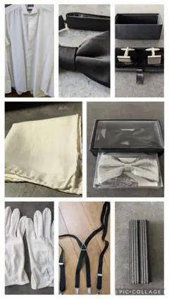 【結婚式】新郎小物セット（シャツ、蝶ネクタイ、サスペンダー、グローブ、チーフ等）