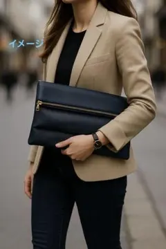 ネイビー レザー クラッチバッグ ゴールドファスナー