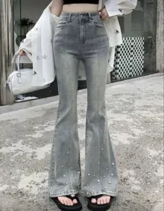 SHEIN DAZY ポケット付きフレアデザイン デニムパンツ フレアデニム L