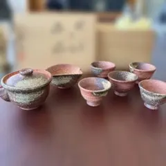 備前焼 煎茶器揃 宝瓶 湯冷まし 煎茶碗5客 共箱 在銘 茶器セット
