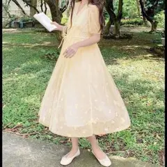 総レースフレアワンピース パフスリーブ Ｖネック リボン ボタニカル柄 シーイン