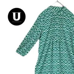 ＼ワンピース／ 膝丈 総柄 グリーン 幾何学 プリーツ レトロ 古着