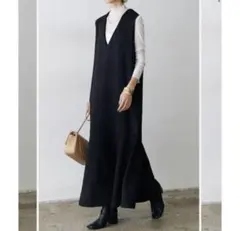 Frene フラーネ　ソフトダンボール裾フレアＶネックワンピース ブラック