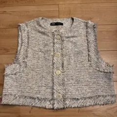 ZARA テクスチャーフレイドベスト　ブルー　ツイード　ショート丈