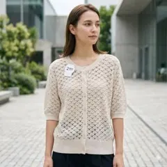 新品タグ付★Green Parks前後2WAY透かし編みカーディガン五分袖 白