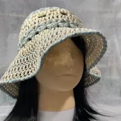 [手編み]春夏用　バケットハット　ツバ(日除け)付き　透かし編み　花柄リブ編み
