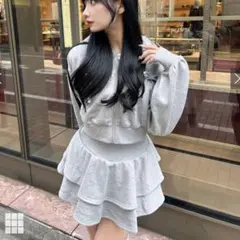 リボンパーカー×ミニスカートスウェットセットアップ グレー