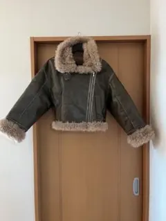 ボア襟 フェイクレザー ライダースジャケット カーキ